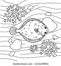 Cute fish coloring page. Kawaii flounder character design. Simple underwater scene colouring book for kids play and education activity. Easy print on paper.