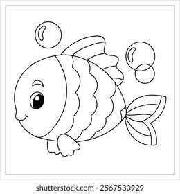 Cute fish coloring page. Cute line drawing for kids.
