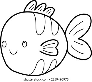 Cute Fish Coloring Page Vector Illustration. Cute Simple Fish Cartoon Coloring Page with white Background.