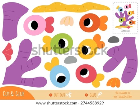 Cute fish and coral reef. Paper craft for kids in flat style. Educational cut and glue game. Use scissors and glue to create character. Worksheet for fine motor skills and classroom activities