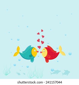 Cute fish couple in love on sky blue background for Valentine's Day celebrations.