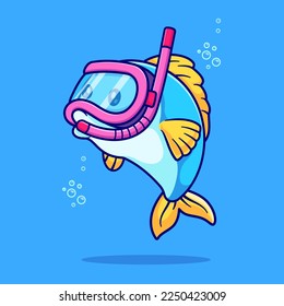 Buceador De Pescado En La Ilustración Icono Vector De Caricatura Oceánica. Concepto de icono de la naturaleza animal Vector Premium aislado. Estilo de dibujo plano