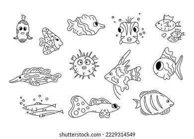 Fisch-Doodle-Set. Vektorgrafik-Kollektion von Cartoon-Skulpturen Meer bestiegen. Wilde Meereslebewesen in handgezeichnetem Stil. Doodle Schwarz-Weiß-Illustration für Kinder. Schwimmfisch einzeln.