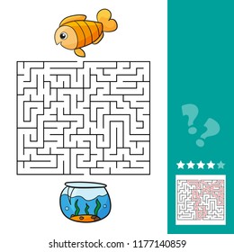 Cute fish educational maze game. Vector illustration of labyrinth educational game with cute cartoon fish for children - with solution - Help fish get back to the aquarium