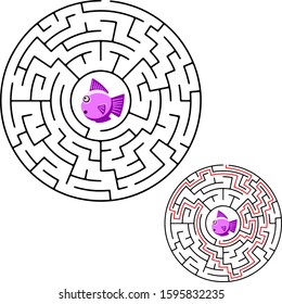 Cute fish educational maze. Vector illustration of labyrinth educational game with cute cartoon fish for children - with solution - Help fish get back to the aquarium