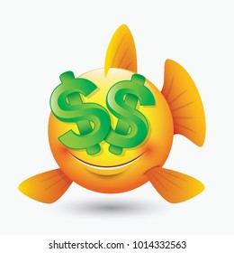 Cute fish emoticon, emoji, smiley, dollar eyes - isolated vector illustration