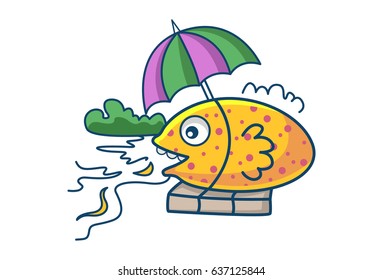 Cute Fish enjoying. Vector illustration. Isolated on white background.