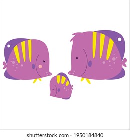 Cute Fish Family Animal Flat Cartoon Character Vector Template Design Illustration
