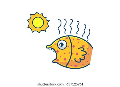 Cute Fish feeling Hot in the Sun. Vector illustration. Isolated on white background.