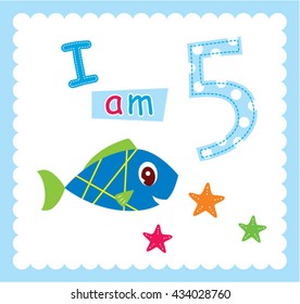 cute fish five year old birthday invitation card