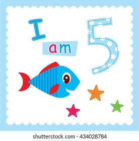 cute fish five year old birthday invitation card