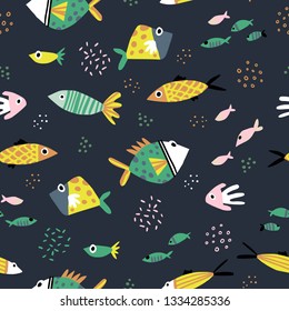 Cute fish flat hand drawn seamless pattern. Marine, nautical backdrop. Underwater world, aquarium fishes cartoon illustrations. Scandinavian style. Sea creatures textile, wrapping paper, background