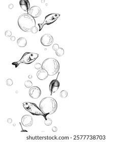 Cute fish with float and bubbles in marine theme. Graphic illustration line art in black and white monochrome, hand drawn with ink. Seamless border vertical pattern.