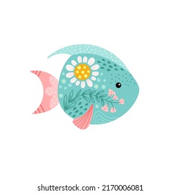 Cute fish with floral pattern in pink and turquoise color isolated on white background. Vector Illustration. Cartoon illustration for kids clothes, greeting card or poster. 