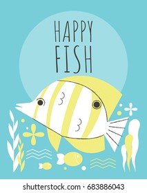 Cute fish with flowers and plants greeting card