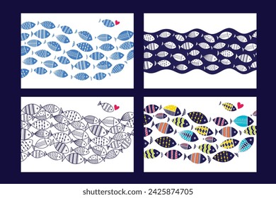 Cute fish. Four vector sea poster.