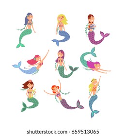 Cute fish girls vector characters. Swimming pretty princess mermaids. Fish woman character, illustration creature mermaids