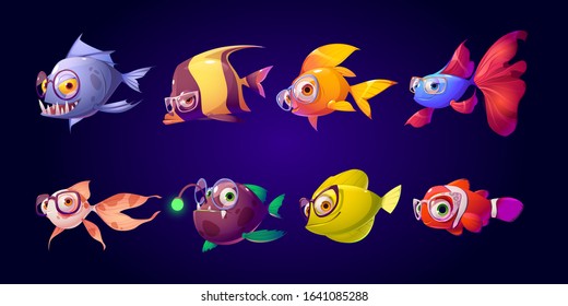 Cute fish with glasses for kid ophthalmologist clinic. Vector cartoon characters in eyeglasses, emoji for decoration oculist cabinet. Medical examining baby eye