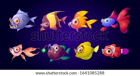 Cute fish with glasses for kid ophthalmologist clinic. Vector cartoon characters in eyeglasses, emoji for decoration oculist cabinet. Medical examining baby eye