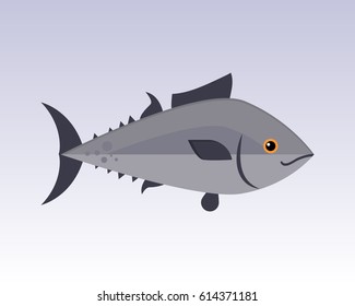 Cute fish gray cartoon funny swimming graphic animal character and underwater ocean wildlife nature aquatic fin marine water vector illustration.