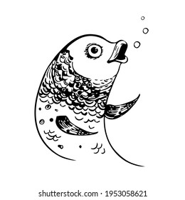  Cute Fish hand drawing ,icon, graphics.Vector illustration on isolated white background.Hand-drawn style.