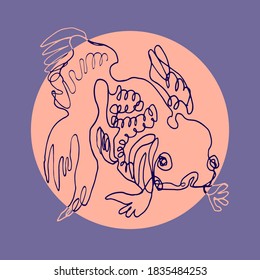 Cute fish in hand drawn line style on coral rounded form. Cartoon design for greeting card, baby printing, packaging, wrapping paper, wallpaper, childens goods.