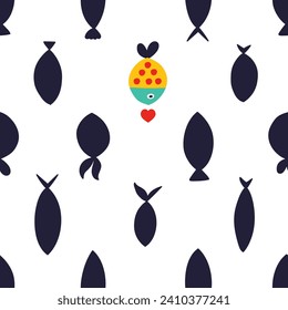 Cute fish and heart. Kids background. Seamless pattern. Can be used in textile industry, paper, background, scrapbooking.