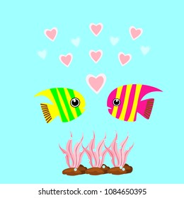 cute fish with heart and seaweed underwater, beautiful wallpaper with aquatic animal design, greeting card valentine's day 