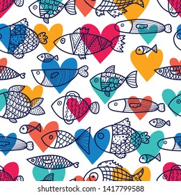 Cute fish and hearts.  Kids  background. Seamless pattern. Can be used in textile industry, paper, background, scrapbooking.

