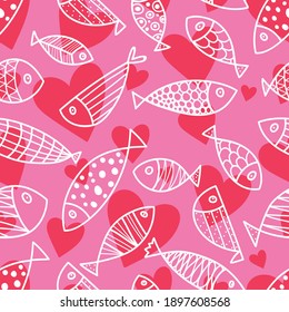 Cute fish and hearts.  Kids  background. Seamless pattern. Can be used in textile industry, paper, background, scrapbooking.
