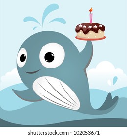 a cute fish holding a cake, design element, vector illustration