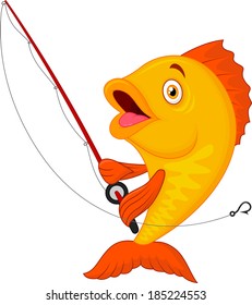 Cute fish holding fishing rod