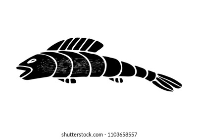 Cute fish icon. Dark silhouette on white background. Vector illustration.