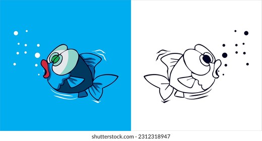 Cute fish icon design that is swimming and eating