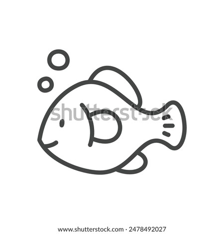 Cute fish icon. Hand drawn monochrome illustration of a little fish with bubbles isolated on a white background. Kawaii sticker. Vector 10 EPS.