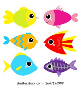 Cute fish icon set. Cartoon kawaii funny character. Baby kids collection. Aquarium sea ocean animals. Marine life. White background. Isolated. Flat design. Vector illustration