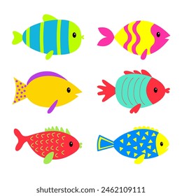 Cute fish icon set. Cartoon kawaii funny baby character. Marine life. Colorful brightly aquarium sea ocean animals. Kids collection. Childish style. Isolated. White background. Flat design. Vector