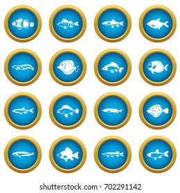 Cute fish icons blue circle set isolated on white for digital marketing