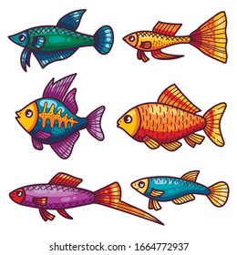 Cute fish icons cartoon characters vector set