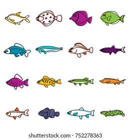 Cute fish icons set. Doodle illustration of vector icons isolated on white background for any web design