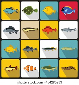 Cute fish icons set in flat style. Sea set collection vector illustration