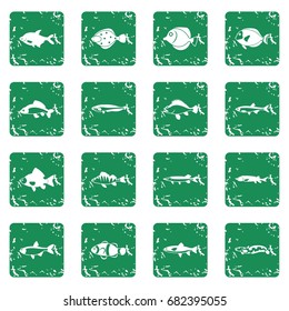 Cute fish icons set in grunge style green isolated vector illustration