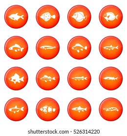 Cute fish icons vector set of red circles isolated on white background