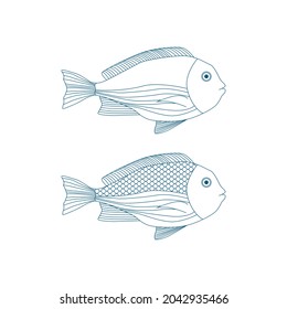 Cute fish illustration. Vector outline icon.