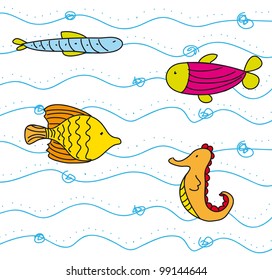cute fish into sea, hand drawing. vector illustration