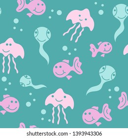 Cute fish and jellyfish and. Kids background. Seamless pattern.