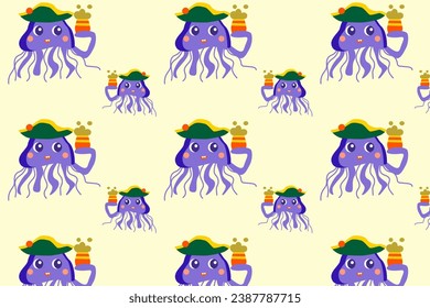 cute fish jellyfish in pirate hat - pattern