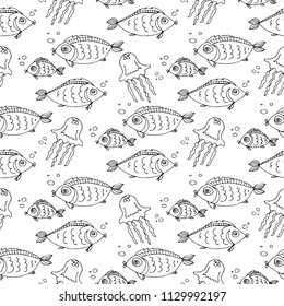 Cute fish and jellyfish seamless pattern. Design element for gift wrap, textile print or home decor. Hand drawn style.