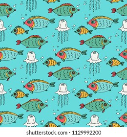 Cute fish and jellyfish seamless pattern. Design element for gift wrap, textile print or home decor. Hand drawn style.