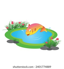 cute fish jumping in pond vector illustration